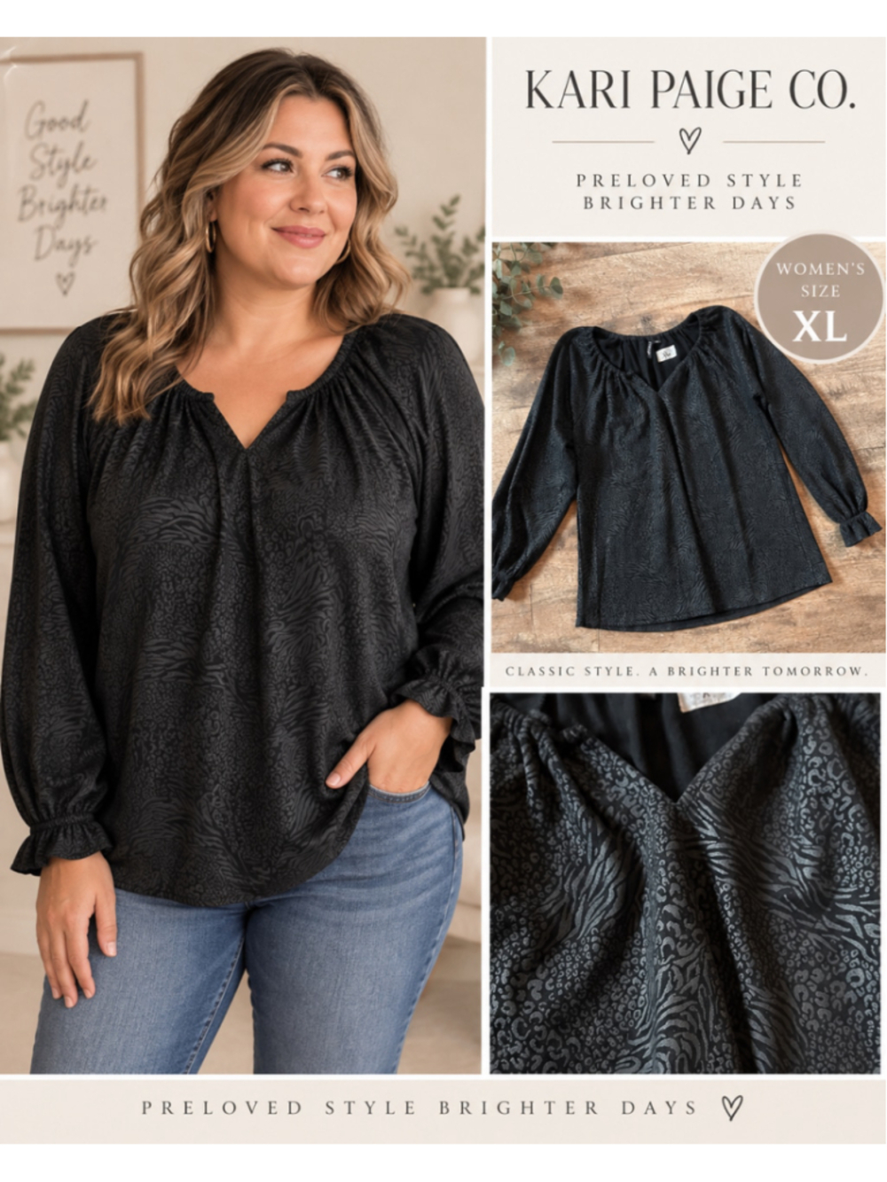Women's Ethyl Blouse XL Black Animal Print Long Sleeve Top